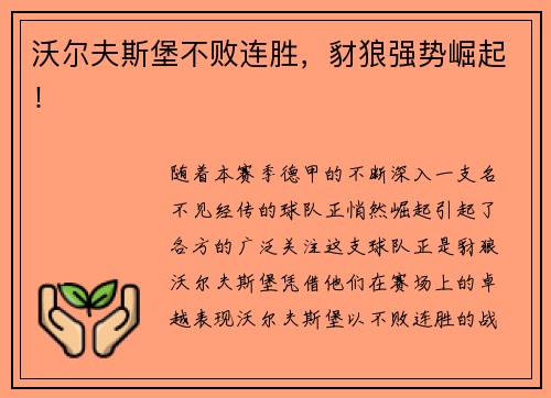 沃尔夫斯堡不败连胜，豺狼强势崛起！