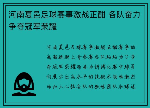 河南夏邑足球赛事激战正酣 各队奋力争夺冠军荣耀