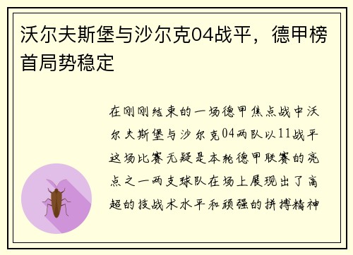 沃尔夫斯堡与沙尔克04战平，德甲榜首局势稳定