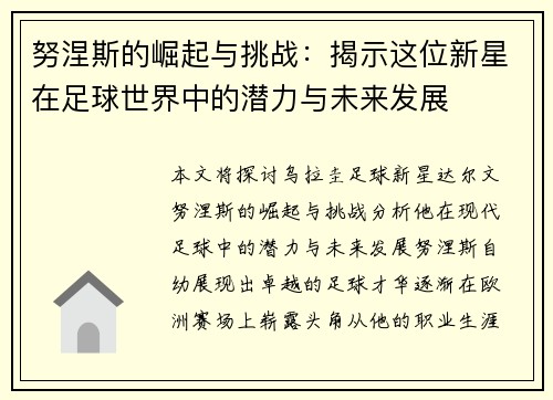 努涅斯的崛起与挑战：揭示这位新星在足球世界中的潜力与未来发展