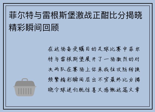 菲尔特与雷根斯堡激战正酣比分揭晓精彩瞬间回顾