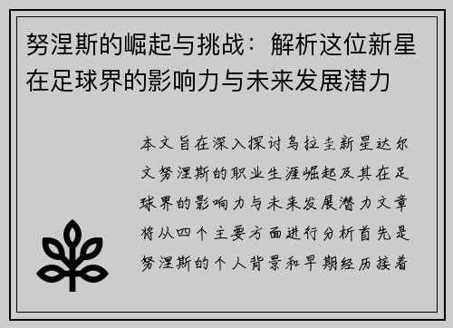 努涅斯的崛起与挑战：解析这位新星在足球界的影响力与未来发展潜力