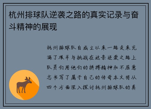 杭州排球队逆袭之路的真实记录与奋斗精神的展现