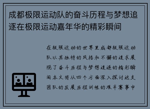 成都极限运动队的奋斗历程与梦想追逐在极限运动嘉年华的精彩瞬间